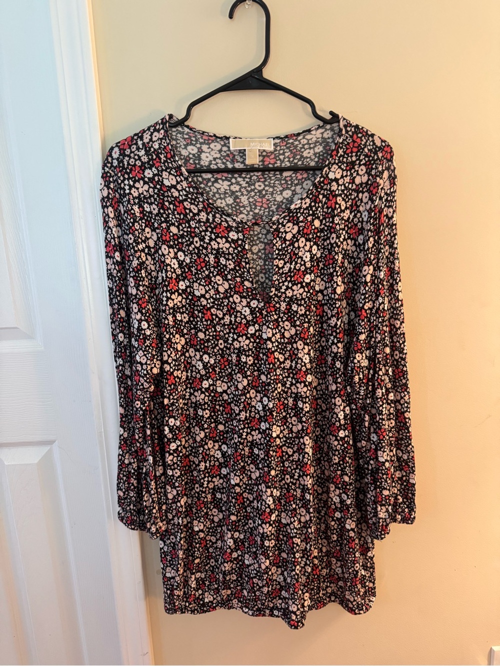 Michael Kors Black Floral Long-Sleeve blouse with Red & White Accents
